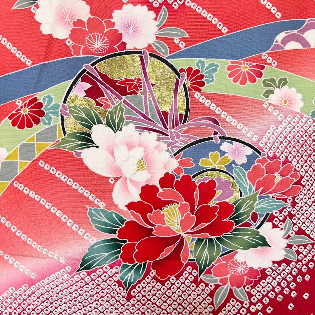 お宮参り 産着 祝着 赤 鼓 舞蝶 絞り柄 四季草花 女の子 襦袢付き