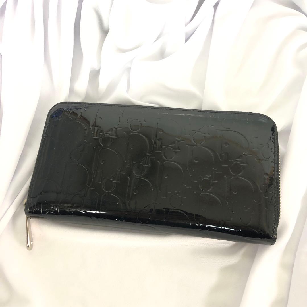美品 DIOR ディオール オブリーク ラウンドファスナー 長財布 エナメル