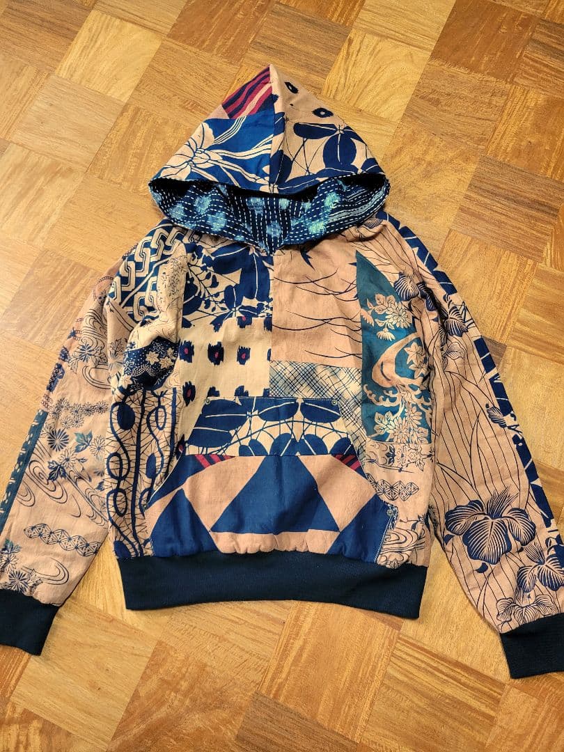 め0129古布リメイク木綿絣襤褸柿渋染め刺し子リバーシブルパ－カー