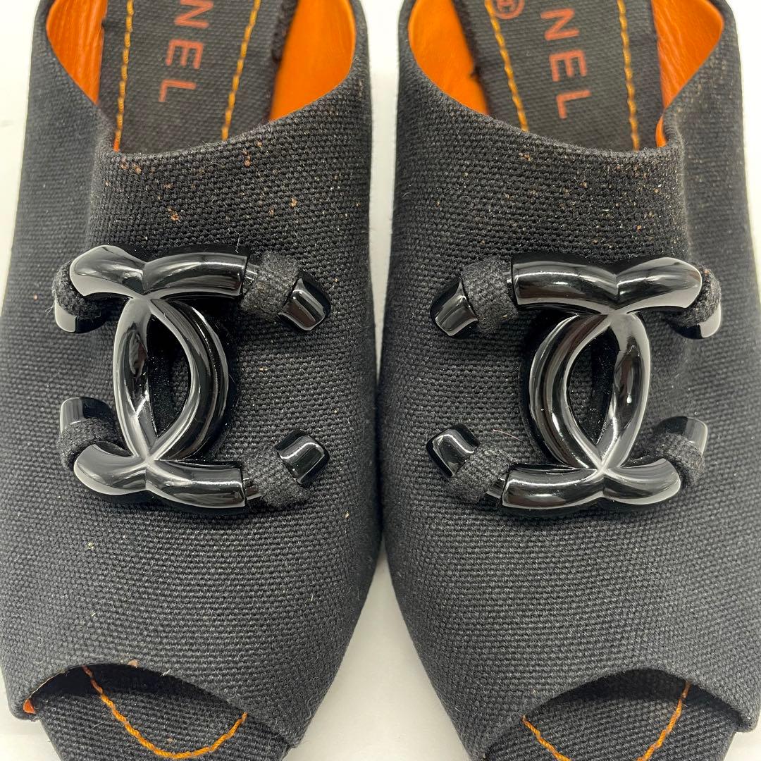 シャネル サンダル ミュール ココマーク キャンバス ブラック オレンジ