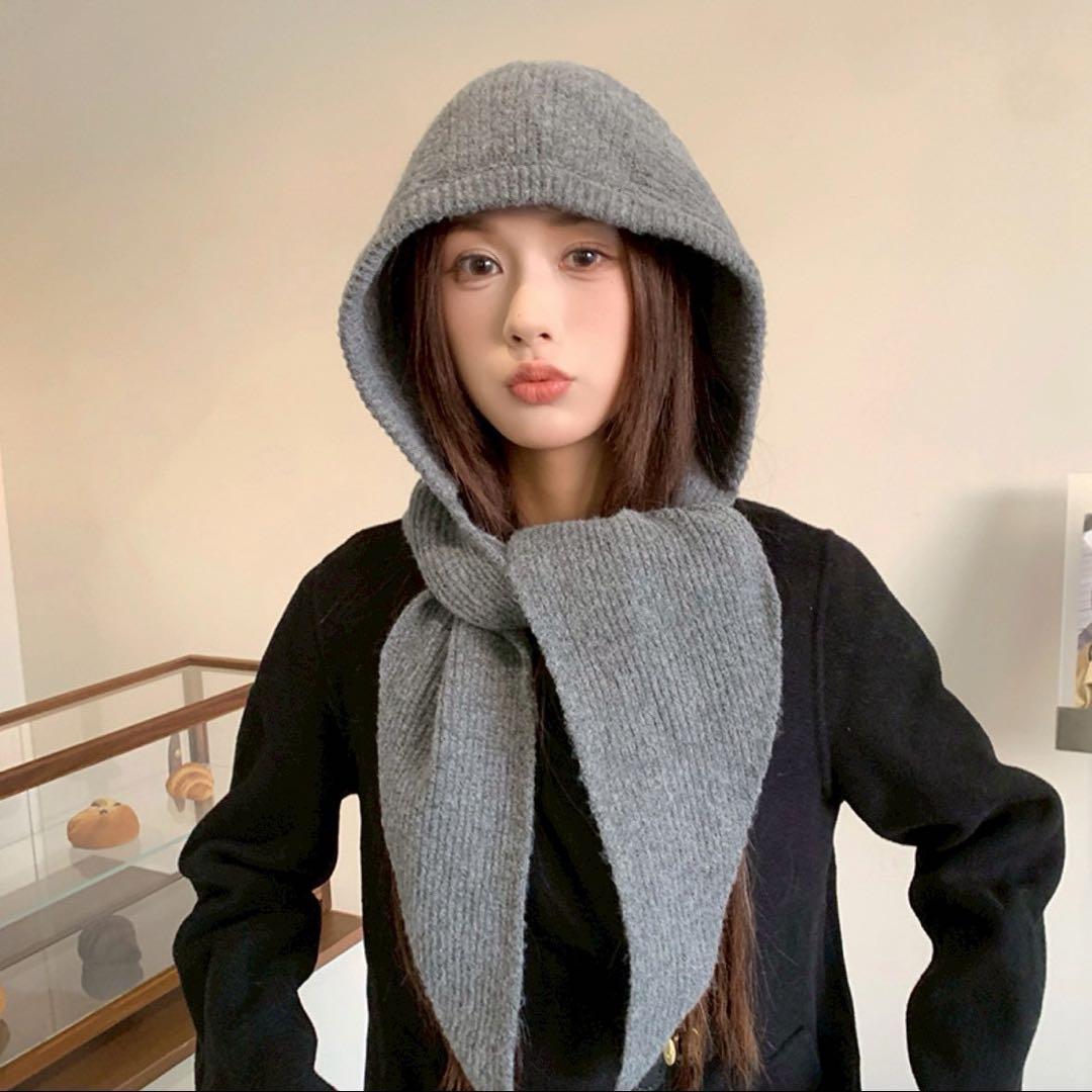 フードマフラー バラクラバ フード付きニットネックウォーマー グレー