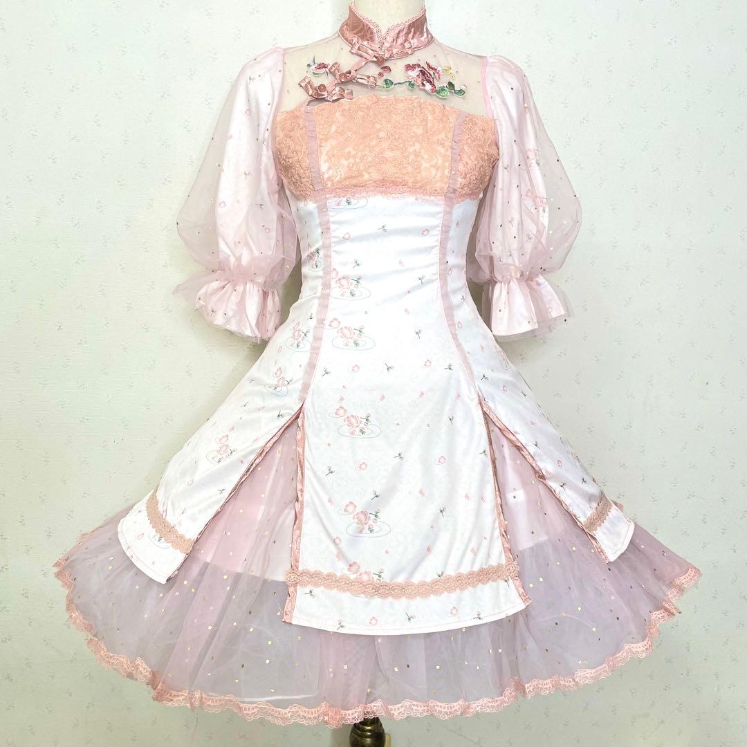 チャイナ ロリータ ワンピース ピンク 白 中華ロリ メイド服 衣装 L