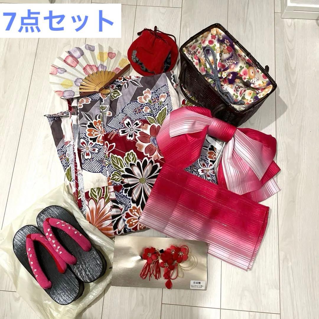 浴衣セット　7点　和モダン赤系　浴衣　帯　下駄　扇子　かごバッグ　巾着　髪飾り 浴衣 レディース セット （浴衣＋帯＋下駄) 「朝顔 赤×紫＋半幅帯