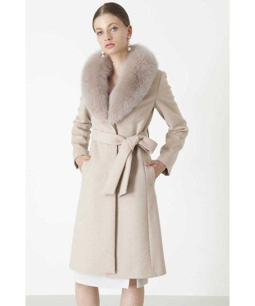 ピンキーアンドダイアン カシミヤ10％ファー付きリボンベルトコート
