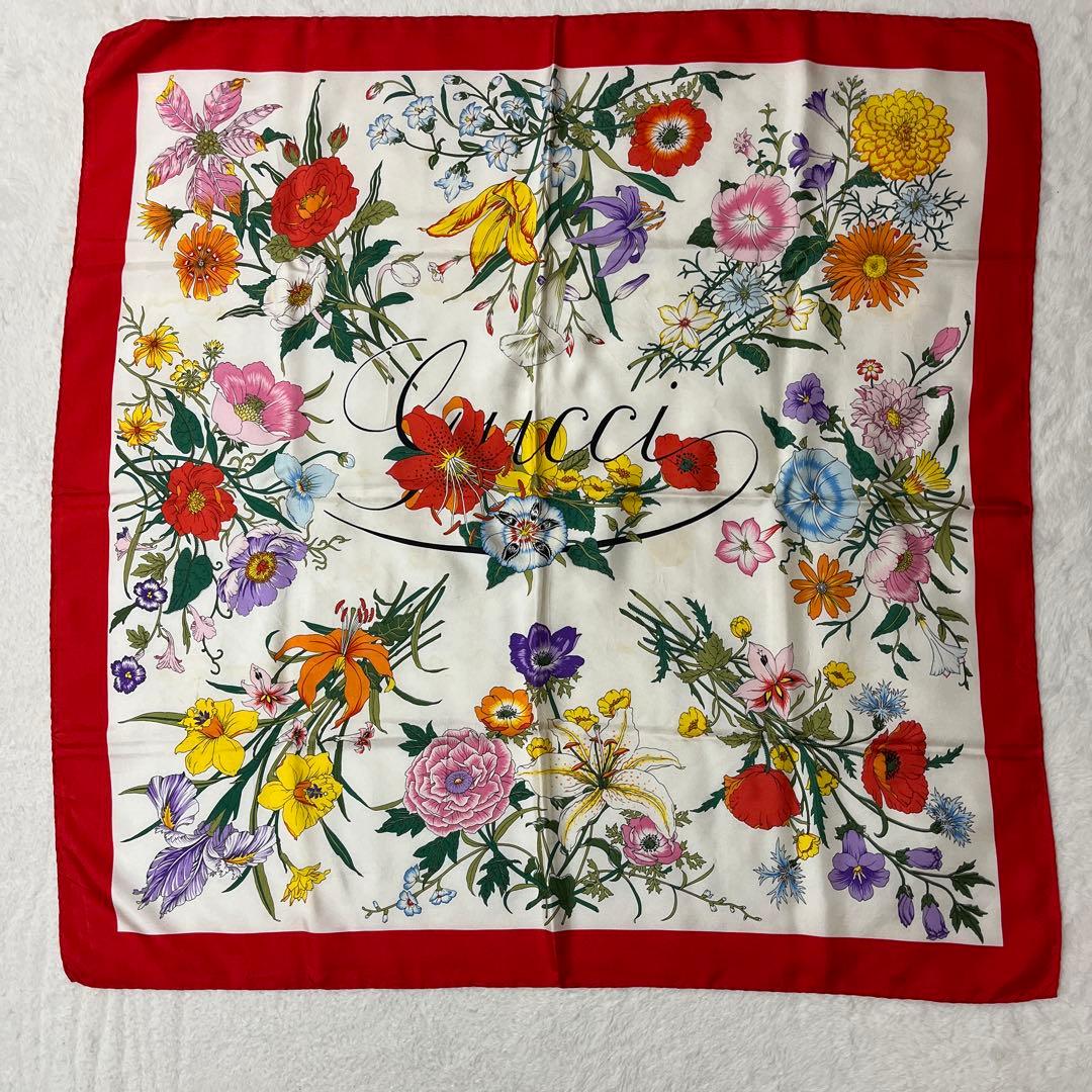 美品　GUCCI フローラ　スカーフ　シルク　花柄　デカロゴ　白　赤　ホワイト 楽天市場】グッチ フローラ（マフラー・スカーフ｜バッグ・小物