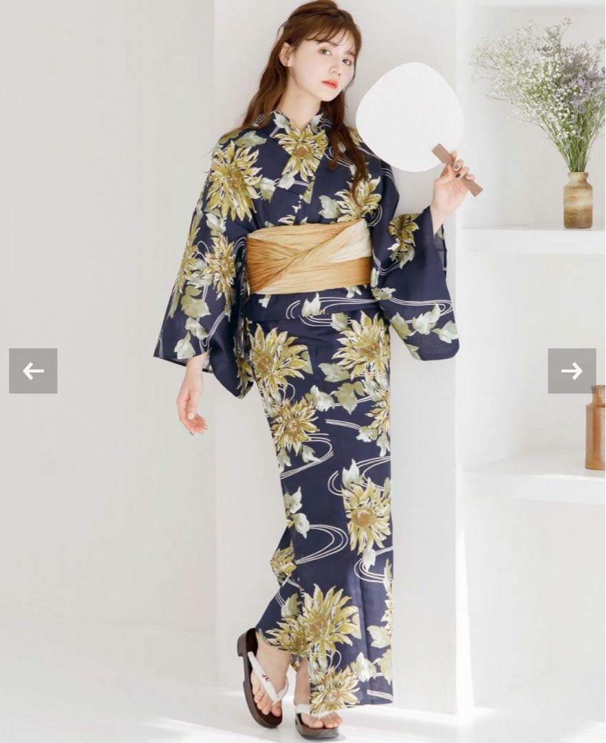 ネイビー花柄浴衣・帯セット　dita 5点セット 選べるアソート花柄 浴衣 5点セット【浴衣＋兵児帯＋飾り帯+帯留め+