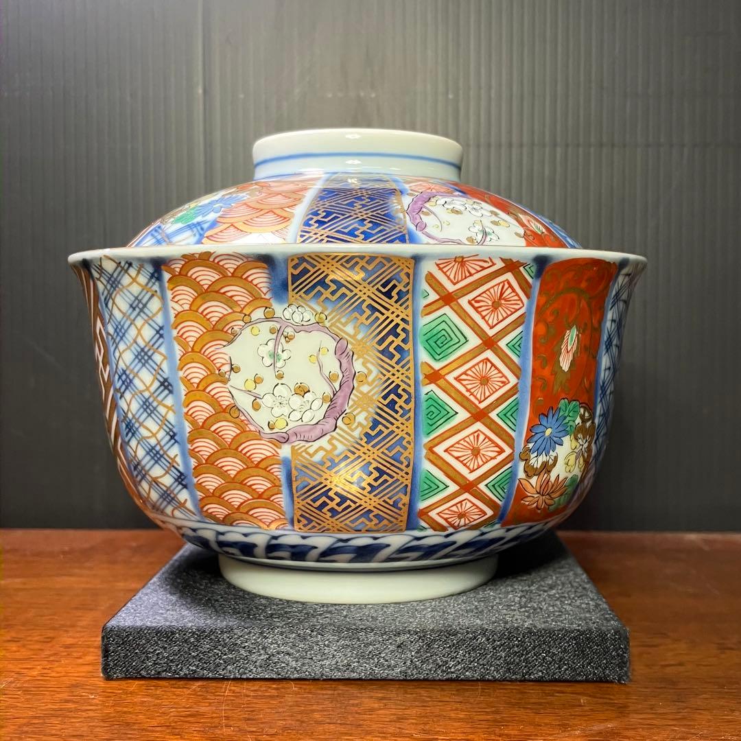 龍峯窯 祥瑞花丸紋蓋物揃 5客セット 金彩古伊万里蓋付き丼ぶり T0902-2