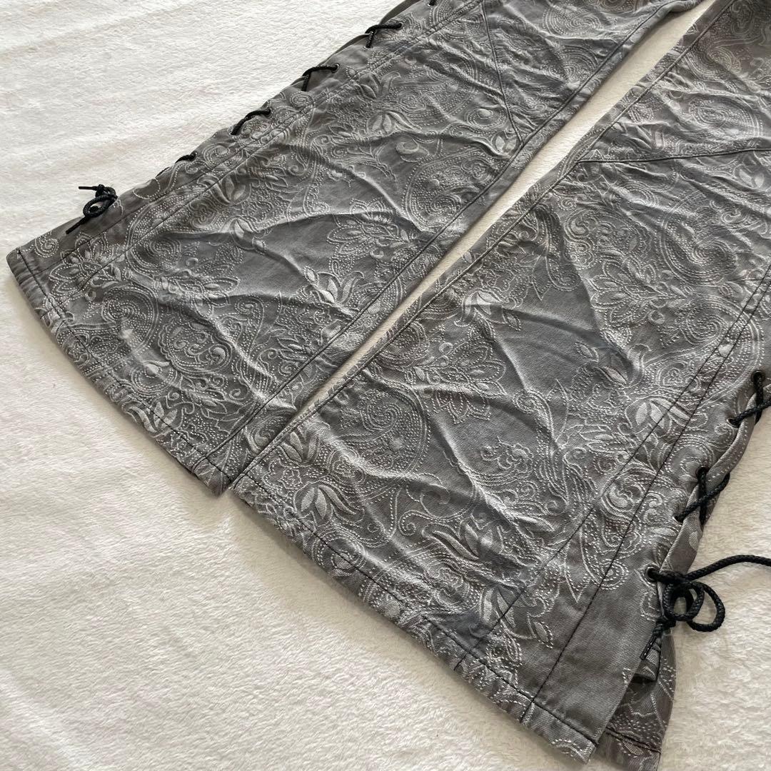 トルネードマート フレアパンツ ペイズリー レースアップ グレー Y2K