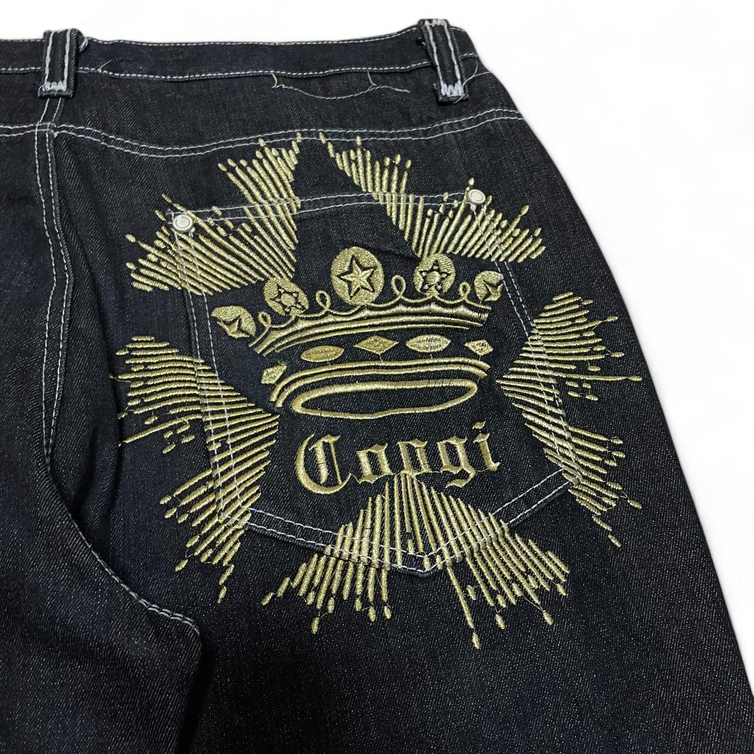 クージーブラックデニムジーンズ極太w40刺繍黒ストリートb系古着金