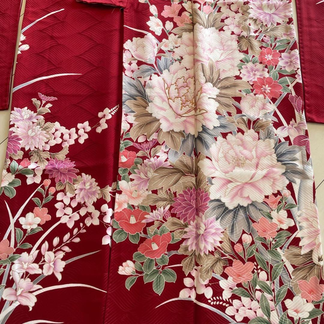 □E4124□美品□紅海老茶色 花尽くし 京友禅 袷 振袖 丈166 裄68