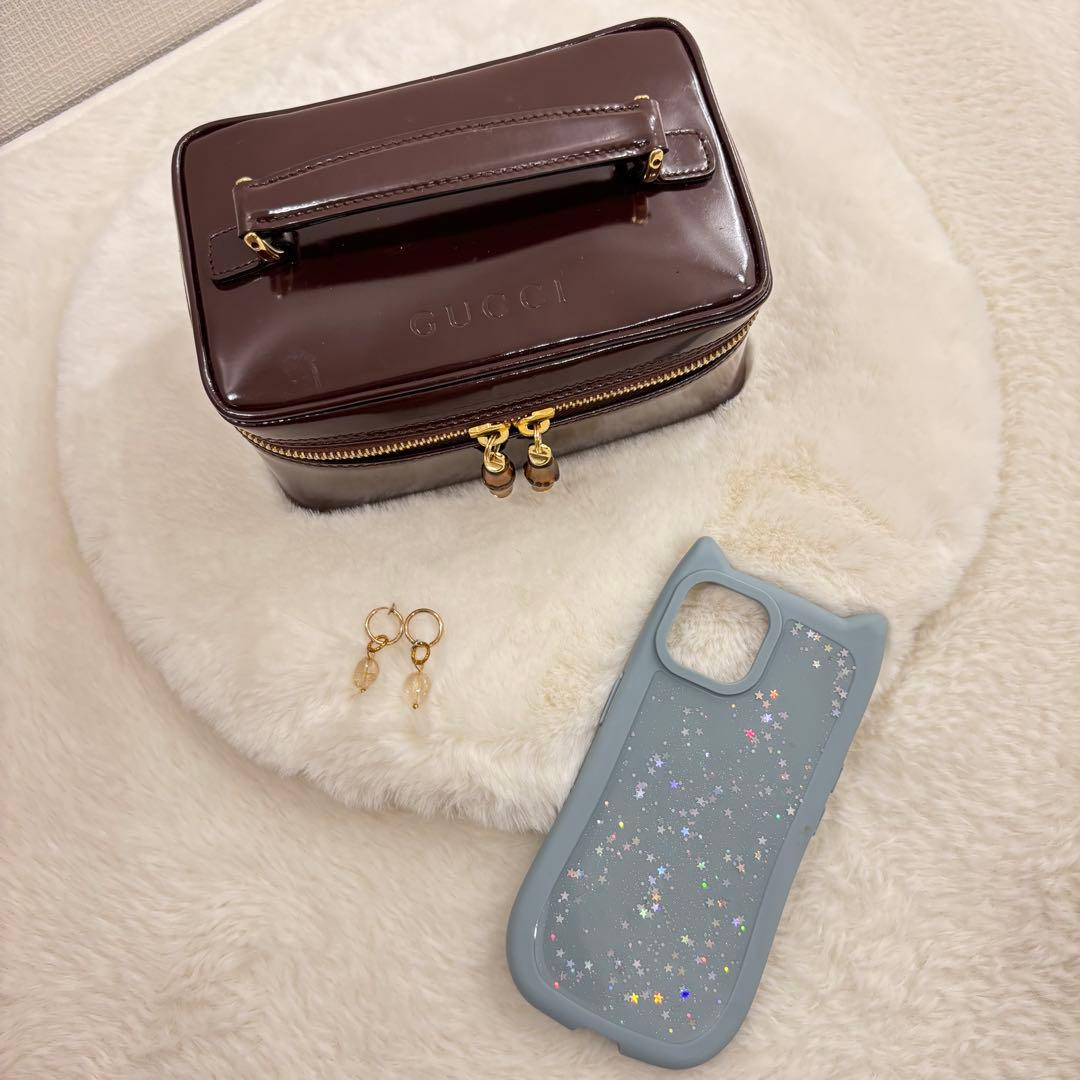 良品 グッチ バニティバッグ メイクバッグ 収納 エナメル ロゴ ブラウン