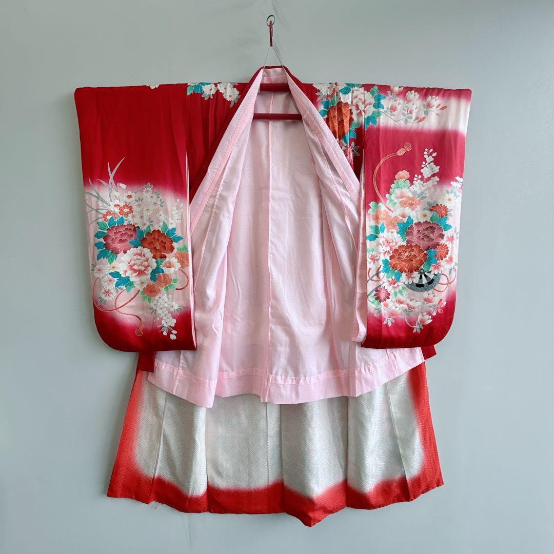 セット七五三7歳女の子長着＆長襦袢＆袋帯＆草履＆バッグ＆小物エンジ