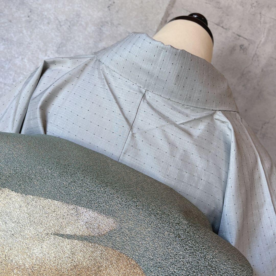 紬 小紋 着物 フルセット 帯漢字 薄いブルーグレー F7