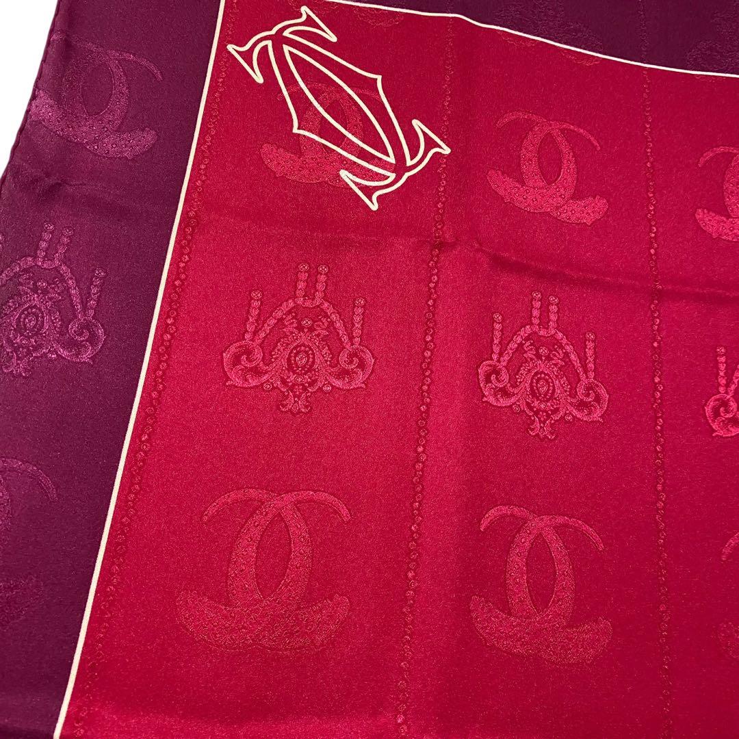 Cartier 大判シルクスカーフ マストライン ロゴ柄 ボルドー カルティエ