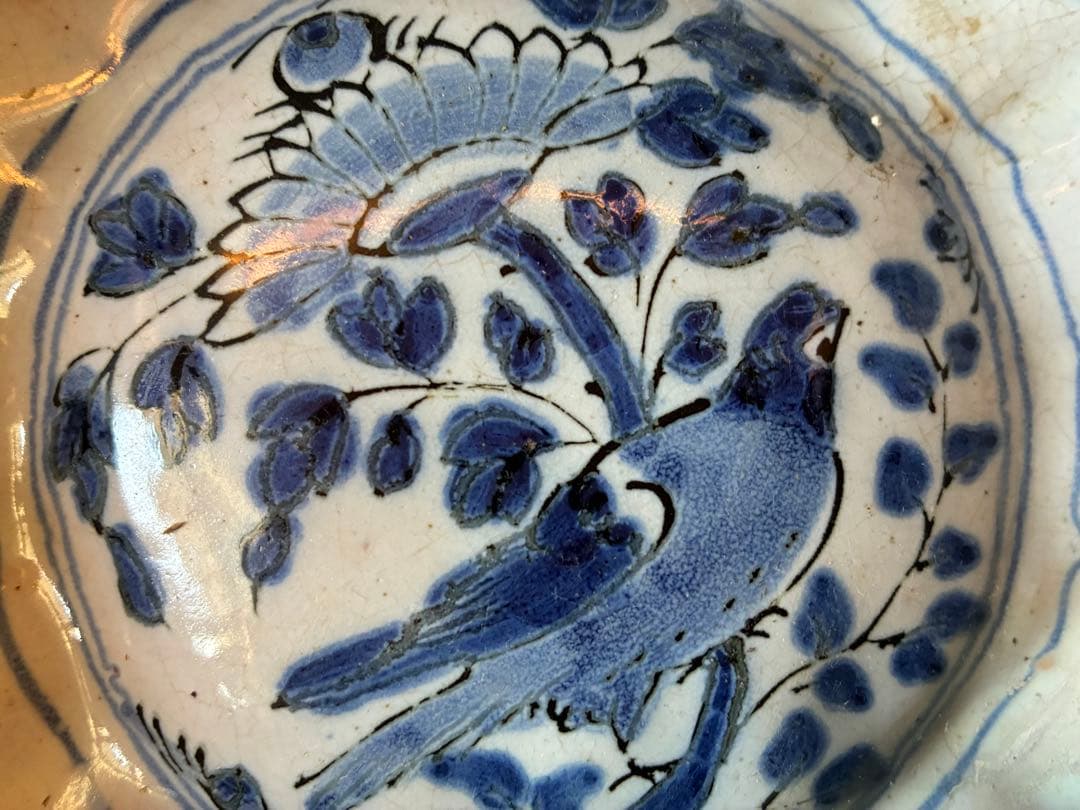 染付け花鳥文輪花大鉢 デルフト陶器 17世紀 オランダ 江戸時代初期