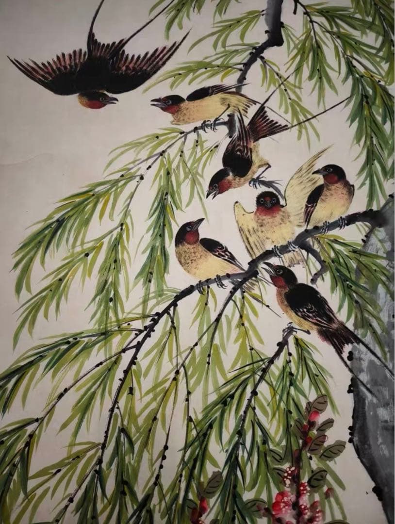 中国近代 花鳥画 掛け軸｜陳半丁 花鳥図・柳に小鳥 春景｜大幅 中堂