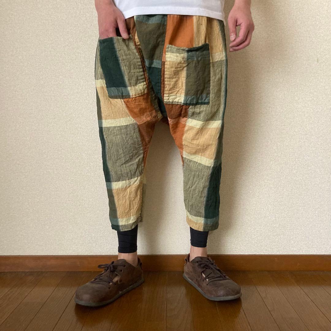 昭和レトロ 古布 布団皮 格子柄 ピエロもんぺ サルエル モンキーパンツ