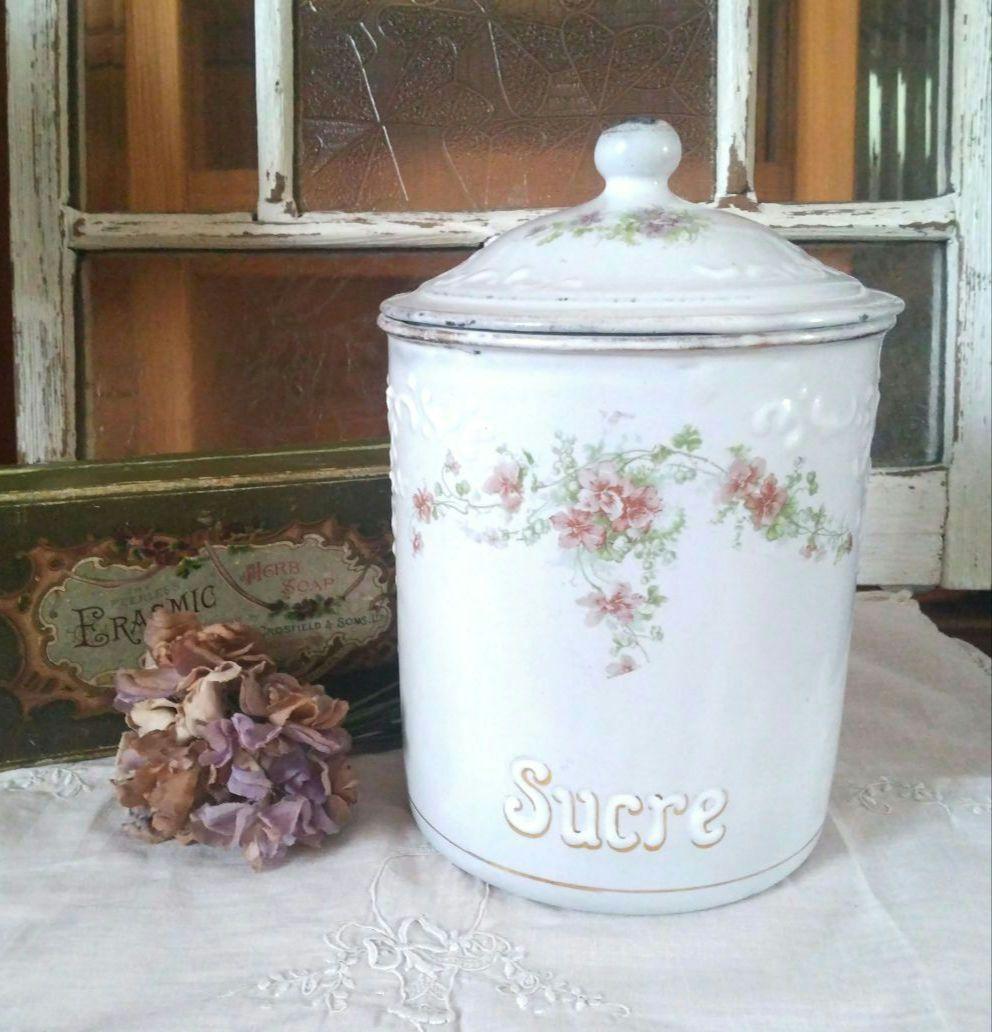 レア✨フランスアンティーク BF社 ホーローキャニスター すみれ 菫 花柄 レア✨フランスアンティーク BF社 ホーローキャニスター すみれ 菫 花