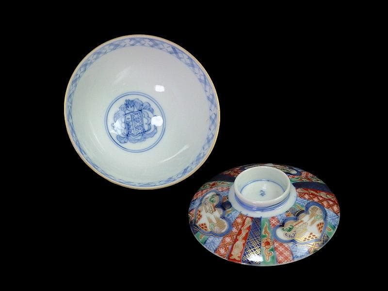 九谷 大聖寺伊万里 金襴手 山水 紋章の図 蓋茶碗 2客 361AS-DAl