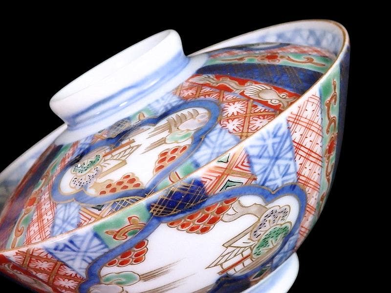 九谷 大聖寺伊万里 金襴手 山水 紋章の図 蓋茶碗 2客 361AS-DAl