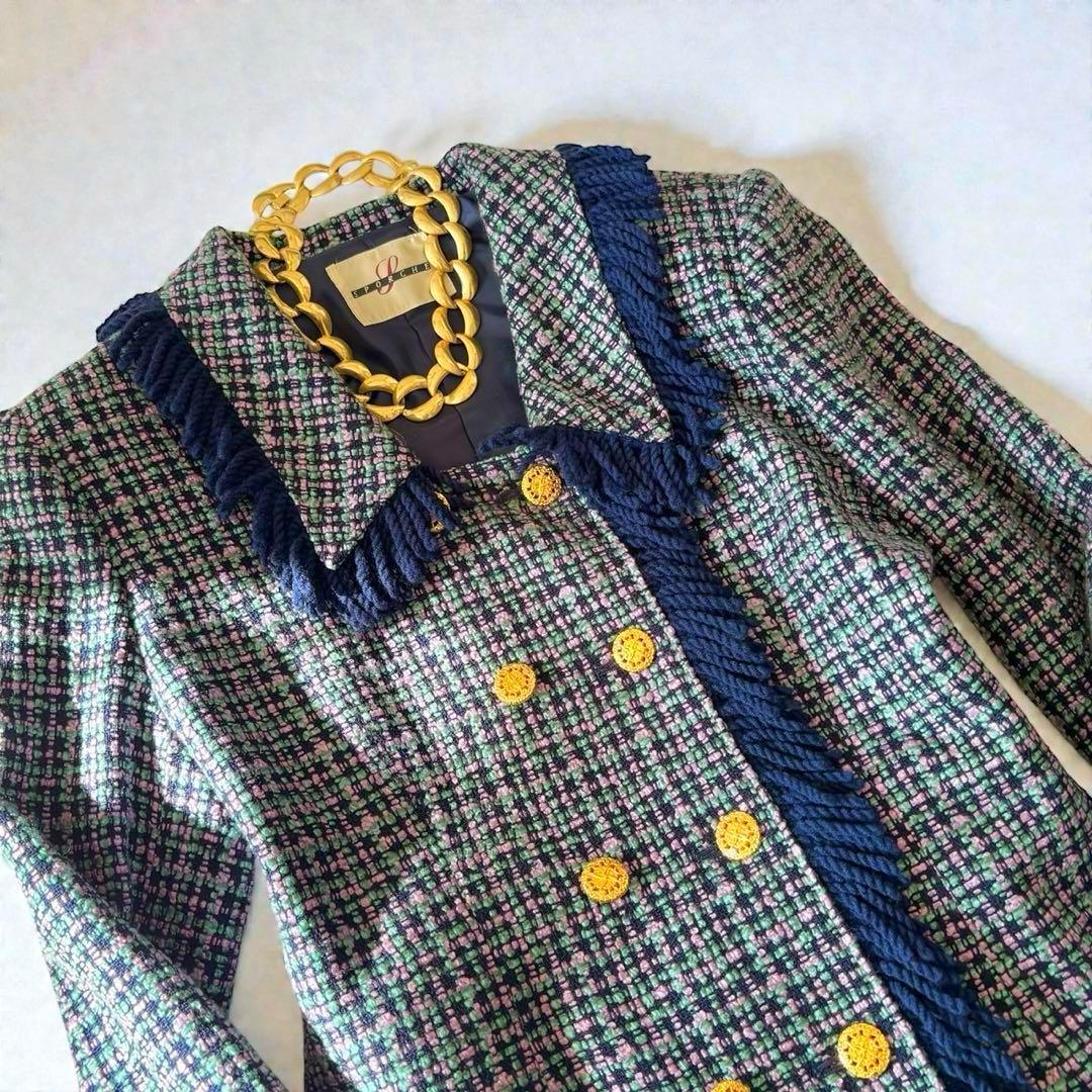 ミックスツイード バブリースーツ フリンジ 金ボタン 日本製