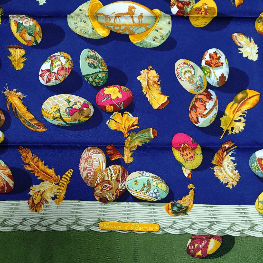 未使用に近い】HERMESエルメス カレ90 スカーフ イースター ネイビー