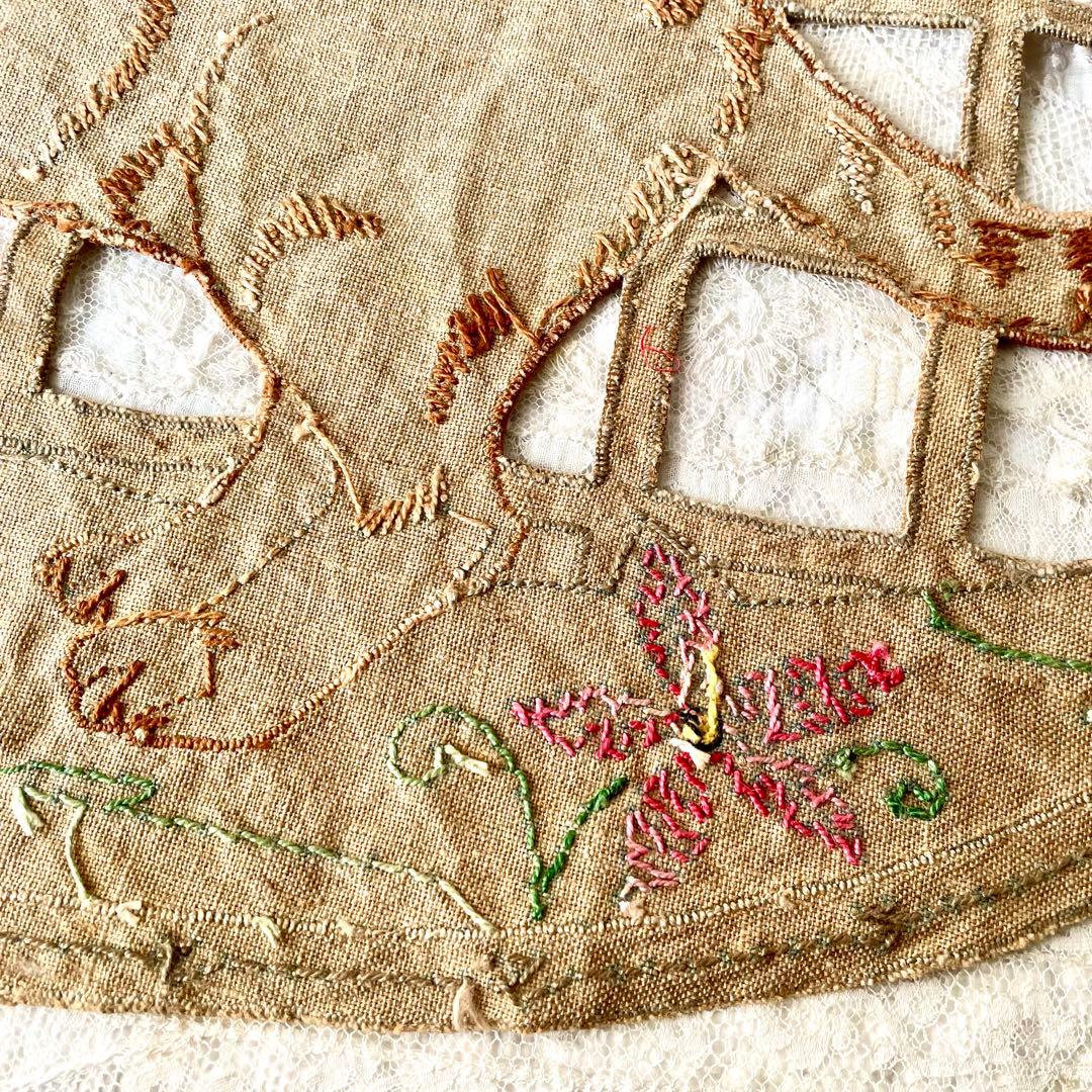 トラ猫の刺繍飾り生地 ナップ ファブリック フランスアンティーク ねこ