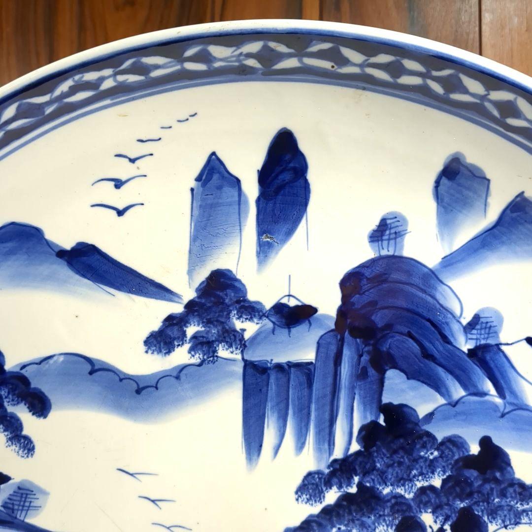 古伊万里焼 青染付の山水画 陶磁器特大皿 約46cm 骨董品 - メルカリ