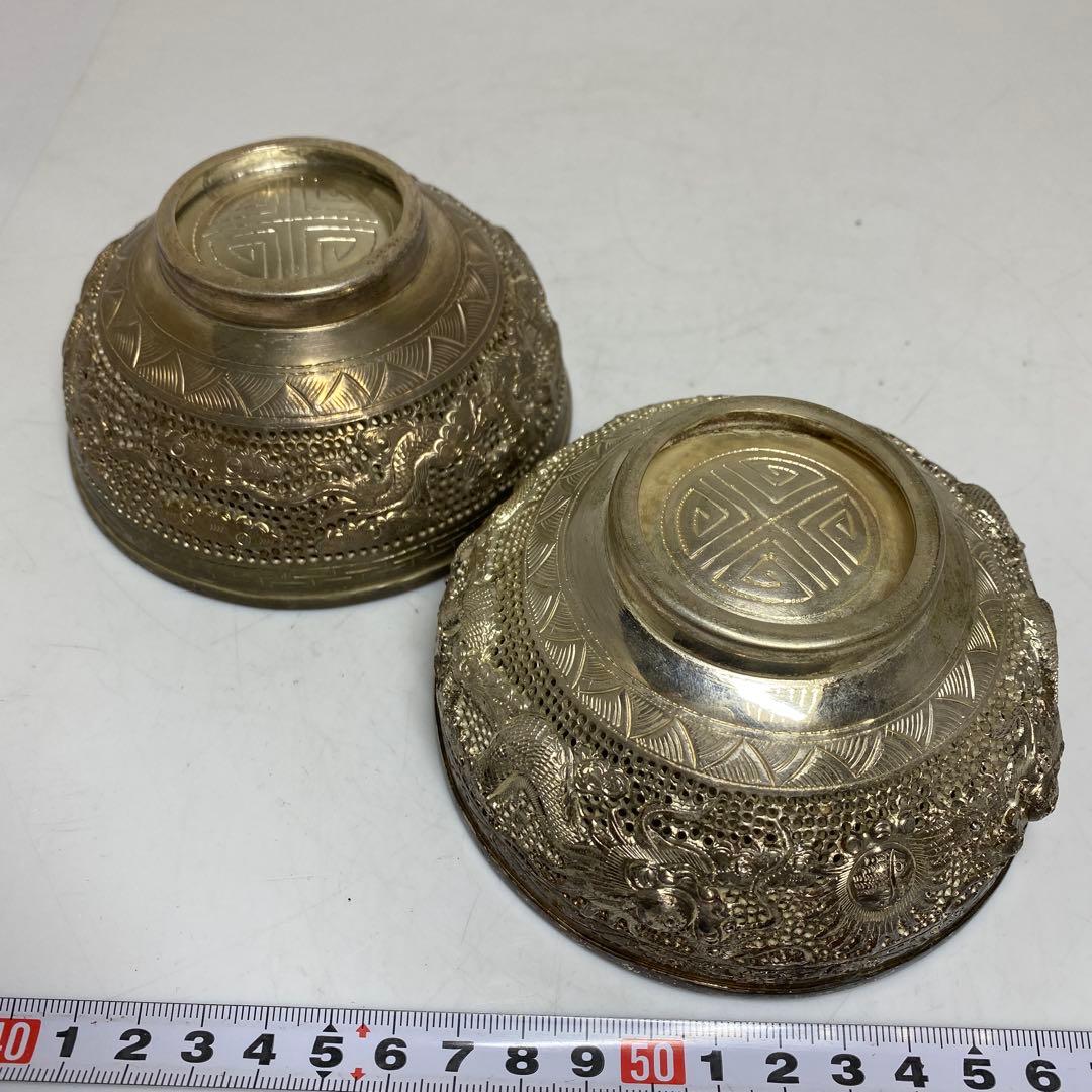 中国古玩 龍銀細工茶碗 2客 直径11.3㎝ 521gタサオ 東な8-0104③