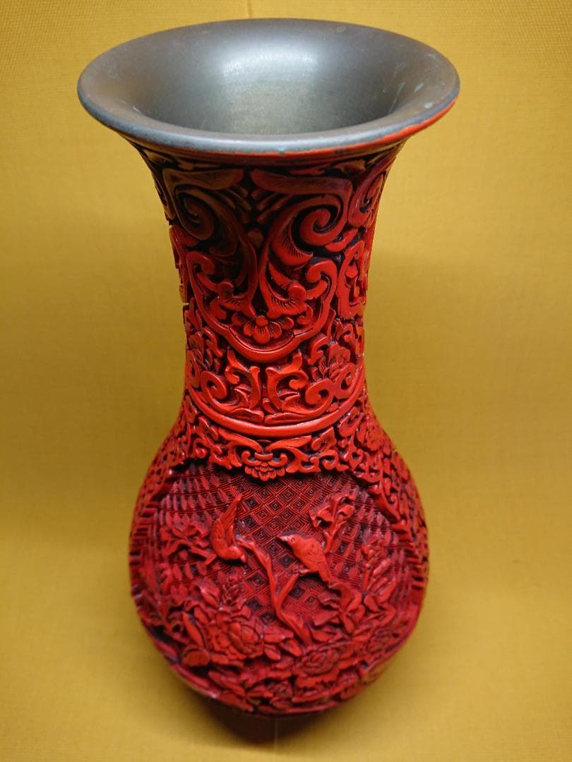 【美品】中国美術　堆朱　花瓶　細密細工　花柄　置物　工芸品　美術品　A1433 楽天市場】骨董○堆朱花文花瓶○堆朱 / 銅製 / 陰刻文 | 20世紀頃