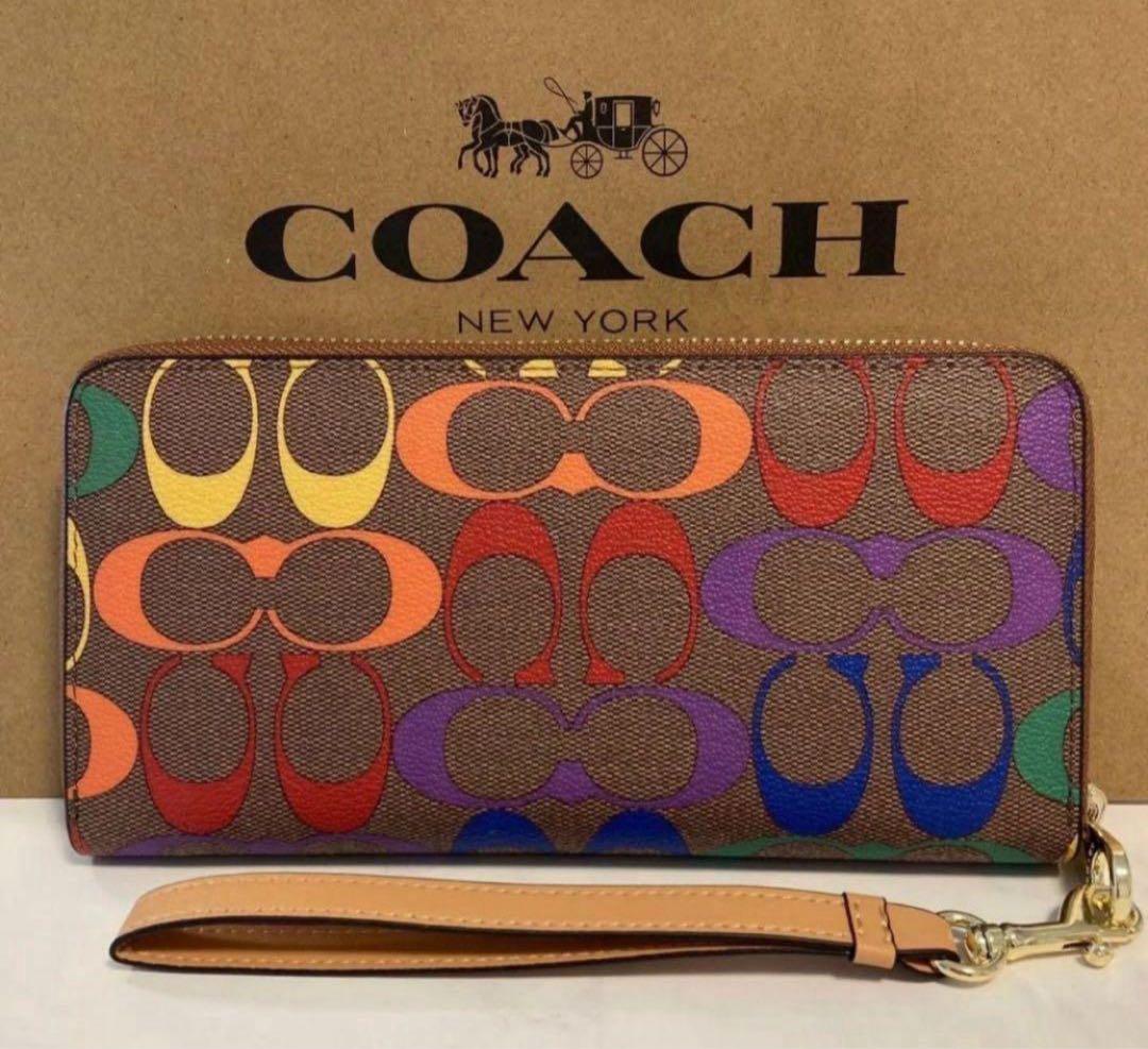 COACH長財布レインボーマルチカラーシグネチャーストラップ付.男女兼用