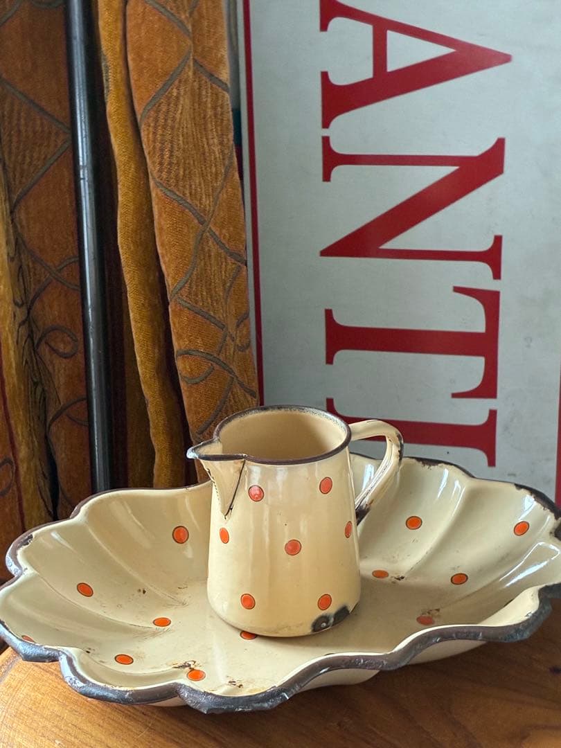 フランス アンティーク ホーロー トレイ プレート ポルカ ドット 水玉 レア