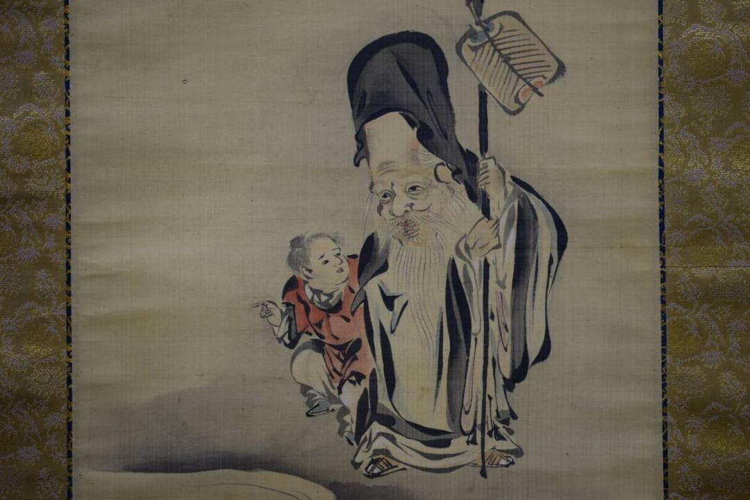 真作/狩野探淵/寿老人唐子図/桐箱二重箱付/布袋屋掛軸