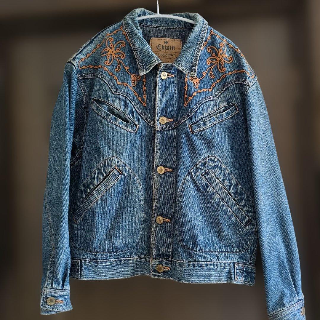 EDWIN 90s ヴィンテージ Gジャン 刺繍デニムジャケット メンズMサイズ k□90年代□エドウィン/EDWIN 5084 デニムジャケット/Gジャン【L】MENS