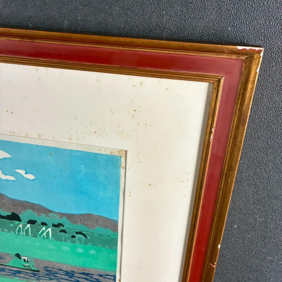 川西英「競馬場（淀）」木版画 直筆サイン入 額縁入 神戸を代表する