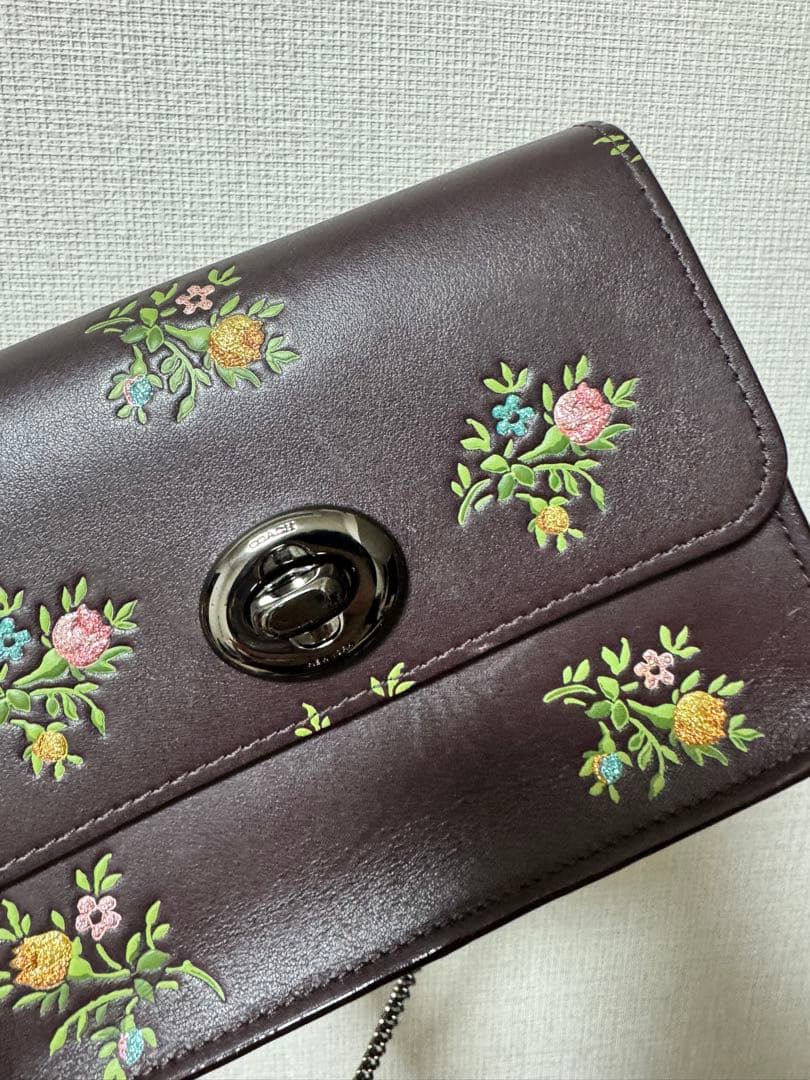 コーチ 2way花柄刺繍 ダークブラウン パーティーバッグ レディース