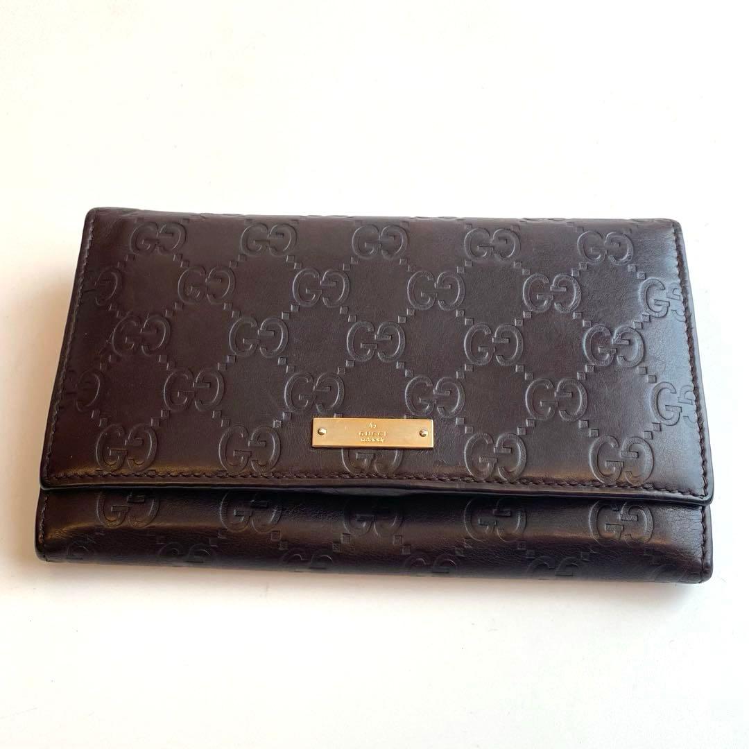 グッチ GUCCI 長財布 シマ レザーウォレット gg柄 がま口 ブラウン