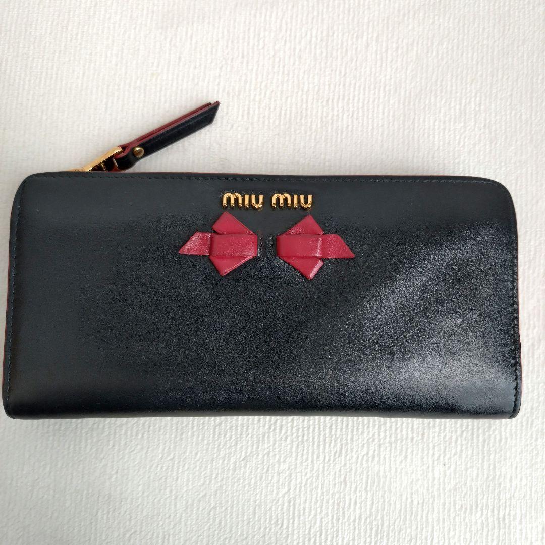 MIUMIU 長財布 リボン ゴールドロゴ ブラック バイカラー 付属品付