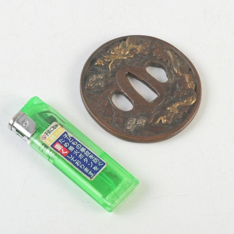 武具 刀装具 古銅 雲龍紋鍔 時代箱 C 9456
