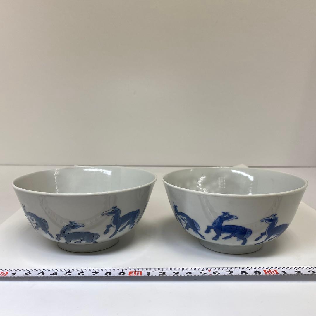 中国清時代 岩深珍蔵 新渡青花 馬図鉢 2客 東キ