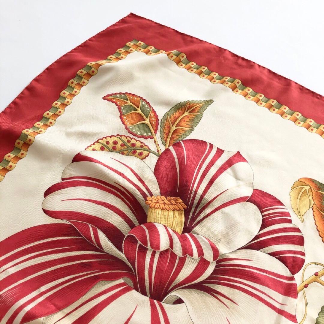 美品】Ferragamo フェラガモ 大判スカーフ 花柄 椿 フラワー シルク