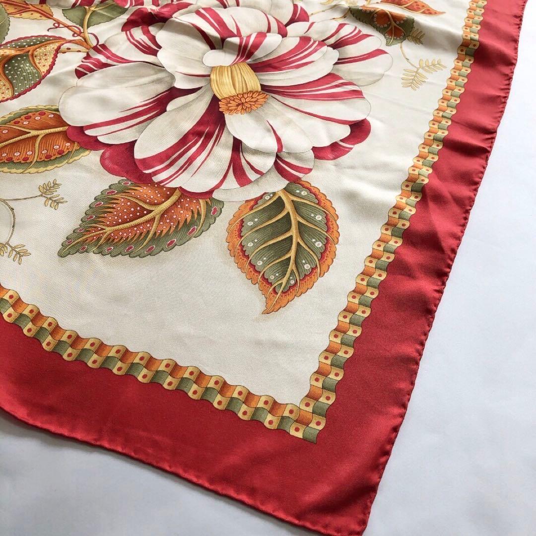 美品】Ferragamo フェラガモ 大判スカーフ 花柄 椿 フラワー シルク