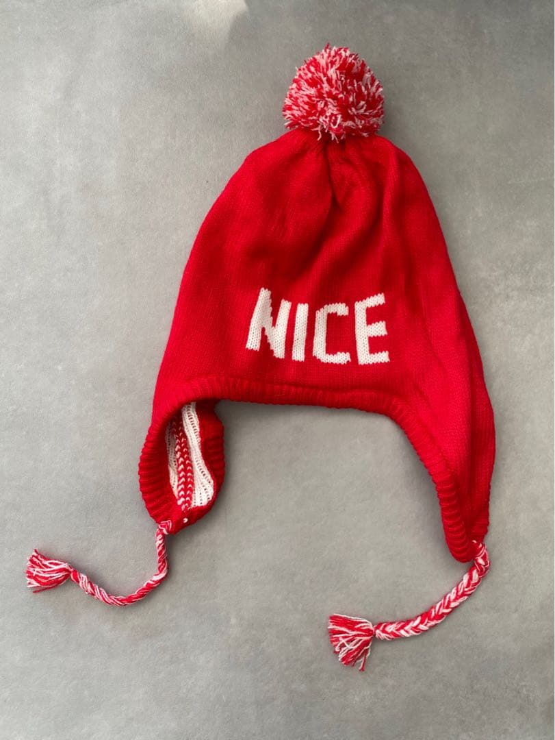 古着 ビンテージ 90s ニット帽 ビーニー 耳付きキャップ NICE 美品 雑貨 古着 90s NIKE スウォッシュ 刺しゅう アクリル ニット ビーニー
