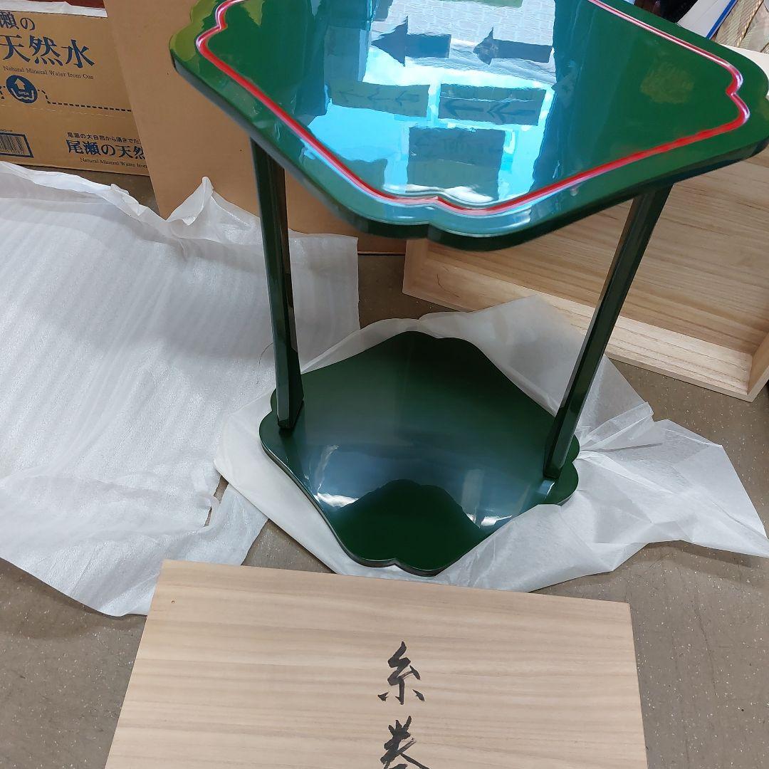 糸巻卓 茶道具 未使用 塗し 真斉 桐箱入り 木工製品 グリーン 色