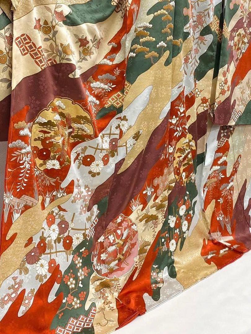 藤井寛 落款入 振袖 未仕立て品 仮絵羽 鶴 七宝繋ぎ 金駒 金彩 紋意匠