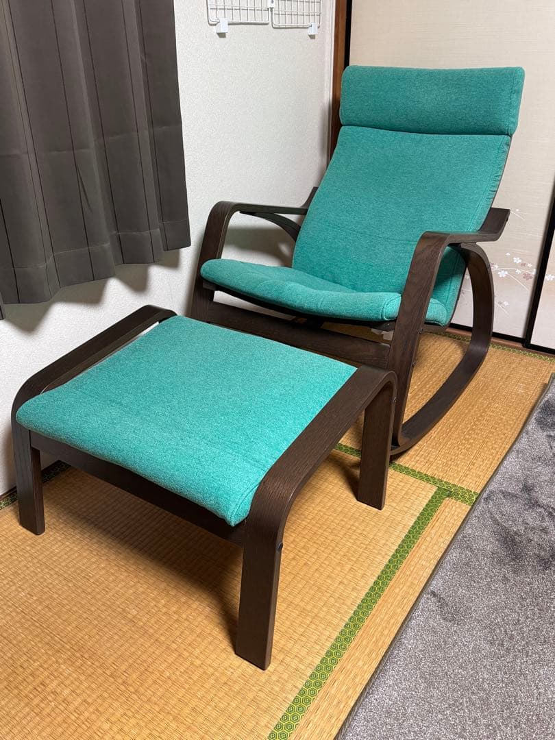 IKEA✩ポエング・オットマンセット POÄNG ポエング オットマン, ブラウン/ヒッラレド ダークブルー - IKEA