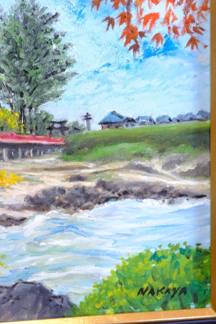 銀杏と御社橋 銀杏と御社橋 油絵 額縁付き