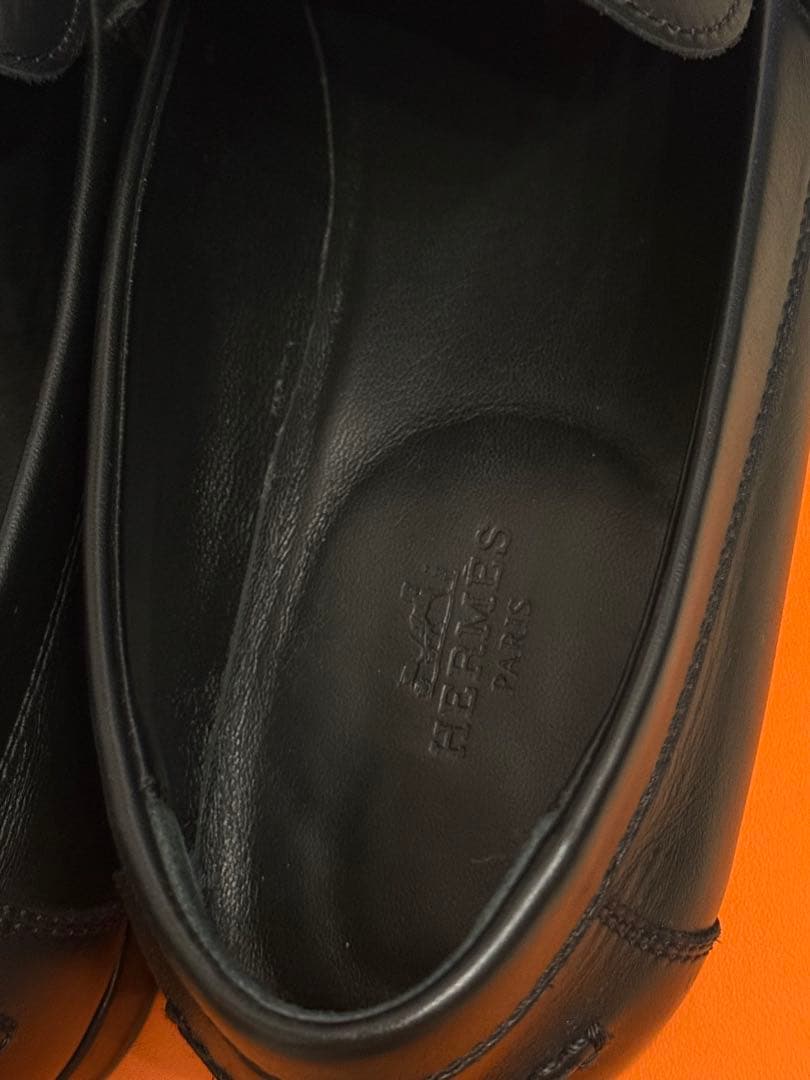 エルメス/モカシン 《デスタン》黒のレザー ローファー 金属バックル付き39