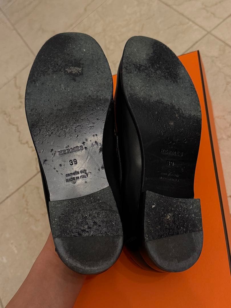 エルメス/モカシン 《デスタン》黒のレザー ローファー 金属バックル付き39