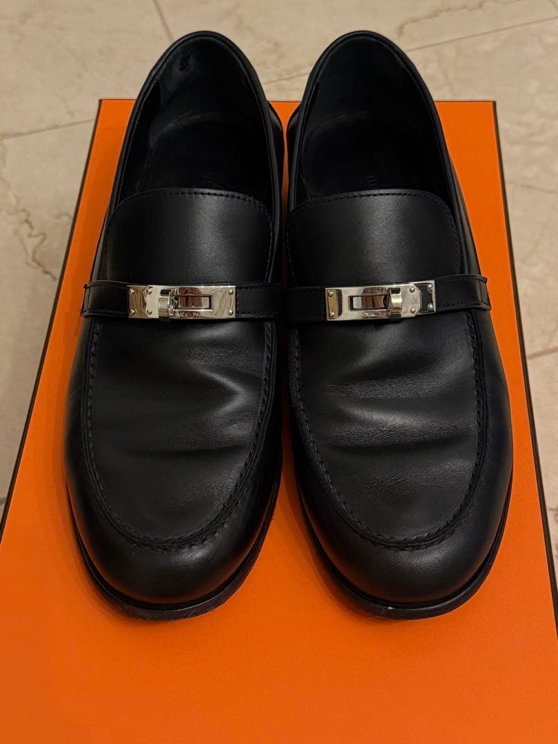 エルメス/モカシン 《デスタン》黒のレザー ローファー 金属バックル付き39